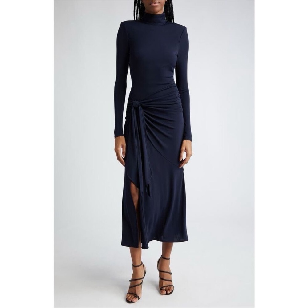 Cinq a Sept Women's Navy Turtle Neck Side Ruched Johnson Midi Dress
